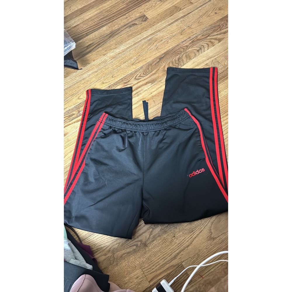 Adidas Mens Track Pants Black Red Triple Stripe Athletic Joggers Size Large